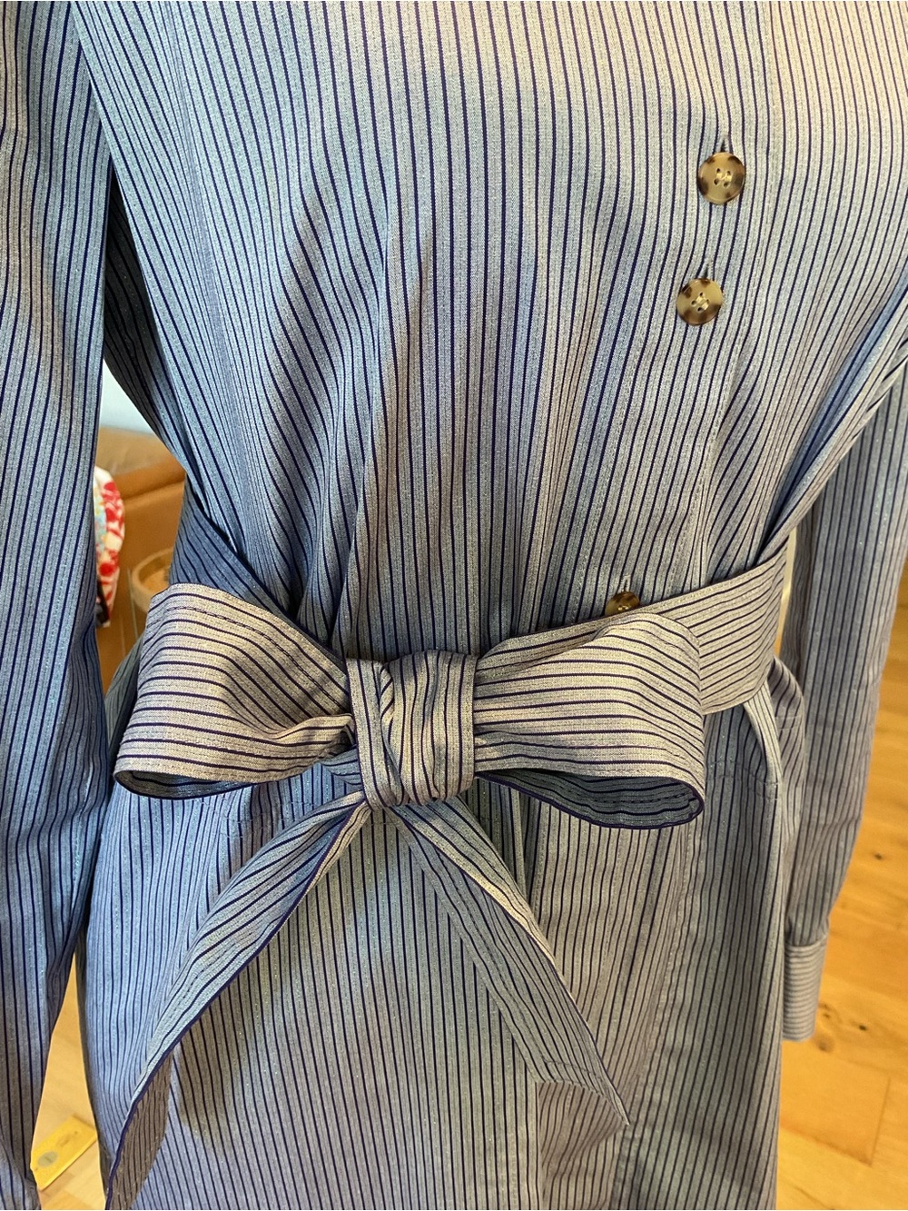 Lafayette 148 New York Light Blue Shirt dress with Navy and metallic Pinstripes - Picture 5 of 7